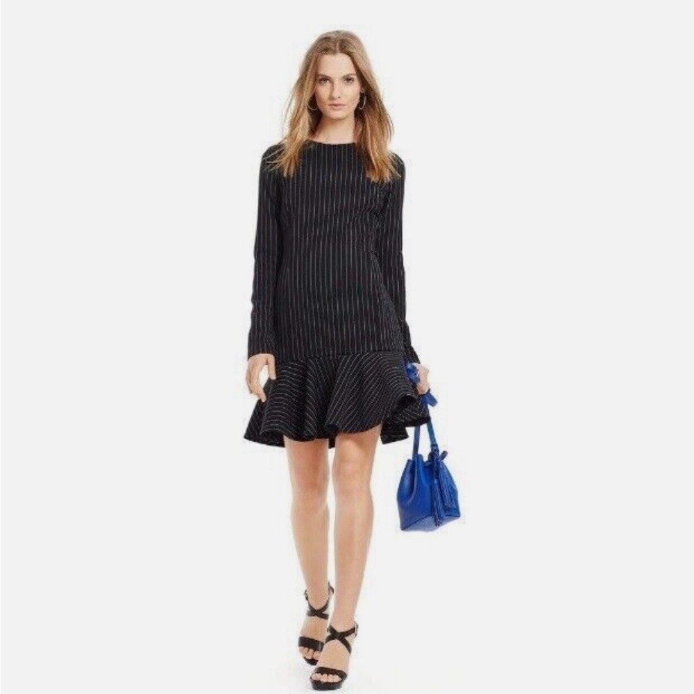 Polo Ralph Lauren Wool Blend Pinstripe‎ Long Sleeve Ruffle Dress in Black Size 2